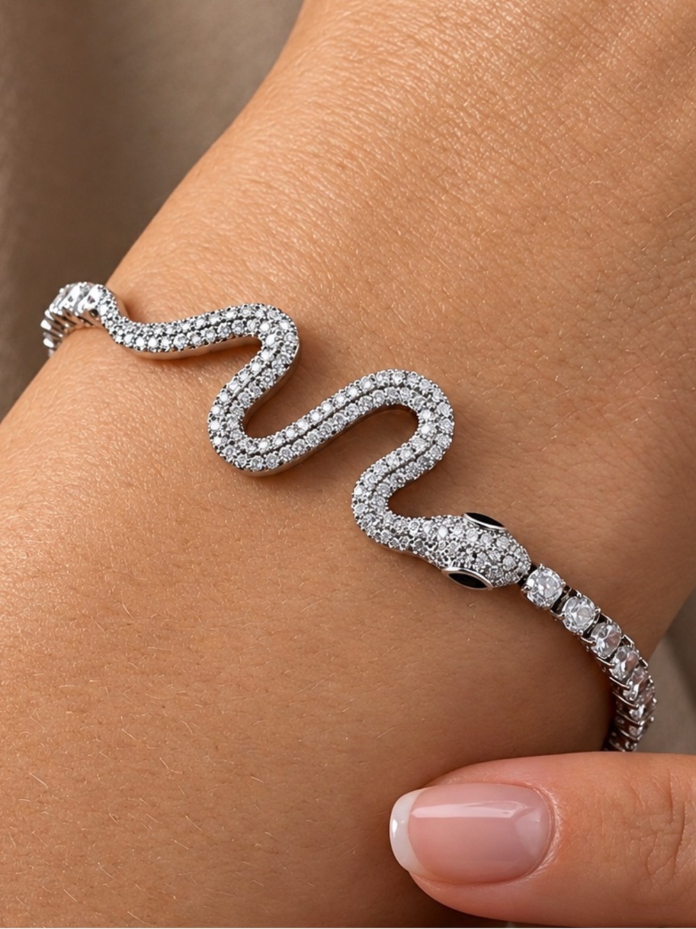 Platinum Rhodium Plated Real Zircon Snake Tennis Bracelet Pavé Serpent Jewelry